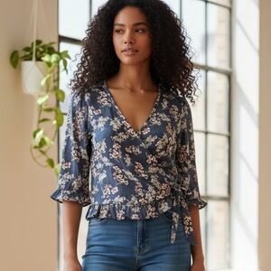 Sienna Sky Floral Wrap Blouse M | Blue Ruffle Sleeve Tie Waist Peplum Top